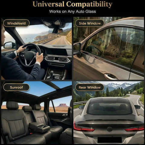 Universal compatibility of car windows including windshield, side window, sunroof, and rear window with auto glass repair kit.