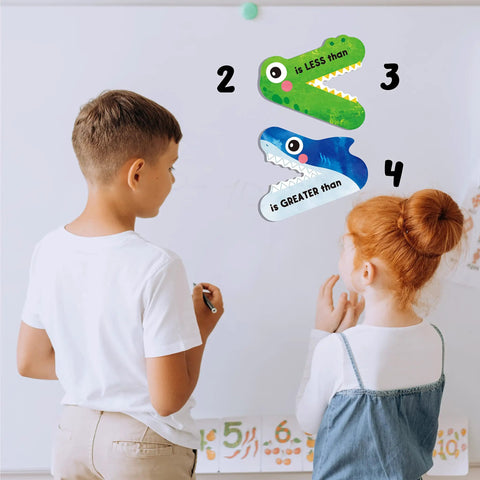 Children learning with Magnetic Greater Than Less Than Equal Signs Math Set For Classroom Demonstrations Easy Visual Aid.