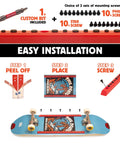 Installation guide for Sparking Skateboard Rails With Infused Flint Cylinders, showing steps and mounting screws on a skateboard deck.