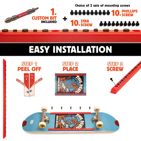 Installation guide for Sparking Skateboard Rails With Infused Flint Cylinders, showing steps and mounting screws on a skateboard deck.