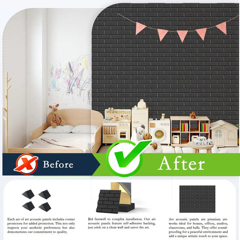 Before and after using 12 Pack Acoustic Panels Self Adhesive 3D Brick Pattern Sound Proof Wall Panels For Recording Studios Offices And Home Black Boost Echo Control And Get A Cleaner Room Vibe With High Density Polyester Absorption NRC Over 0.95 And Easy Sticky Mount