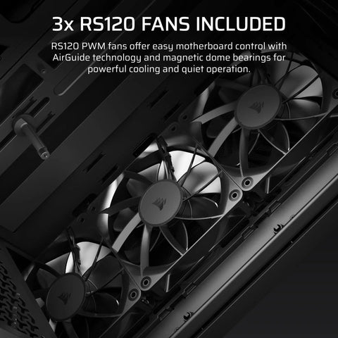 Interior view of 3200D RS Mid Tower PC Case With 3 RS120 PWM Fans Included, showcasing mounted fans and airflow setup.