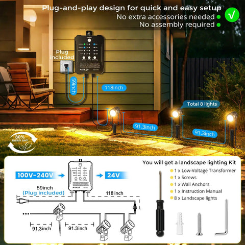 Plug And Play Low Voltage Landscape Lighting Kit With 8 X 3W LED Spotlights, 24V Smart Transformer, 7.6Ft Wiring Runs setup display