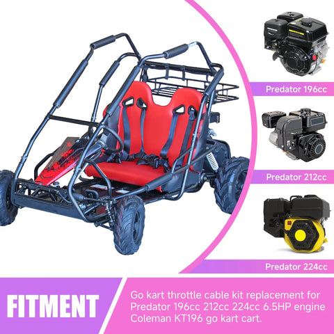 Image of a go-kart with throttle cable kit for Predator 196cc 212cc 224cc engines, showcasing compatibility with Coleman KT196 and Hisun HS200GK.