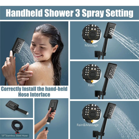 10 Inch Matte Black Rainfall Shower System With ABS Handheld 3 Functions showing spray settings and installation