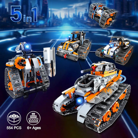 5 In 1 STEM Building Set With LED Lights And App Remote Control Toy Kit 554 Pieces To Build Robots Tanks Snowplows Cannons And More
