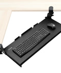 Rock Solid Slide Out Keyboard Tray For Corner Desk Effortless Gliding Computer Drawer With Swivel Clamps Black L Shaped work surface.