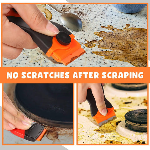 Person using 9 Piece Plastic Scraper Set With Razor Blade Scraper Plastic Pick Putty Knife And Thin Spudgers for cleaning surfaces.