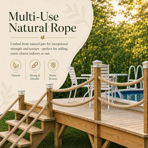 Heavy Duty Natural Jute Rope 1.5 Inch 50 Feet Thick Manila Style for docks railings around wooden deck in outdoor setting.