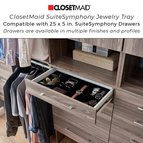 Open closet drawer showcasing jewelry tray inside SuiteSymphony unit, compatible with 25-inch drawers. Closet organization.