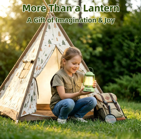 Child holding Kids Lantern With 4 Color Dimmable Lights And USB C Charging near a tent, enjoying outdoor adventures