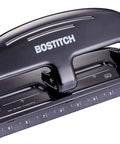 Bostitch HP20 3-hole punch, black and silver metal construction, 20-sheet capacity (front view)