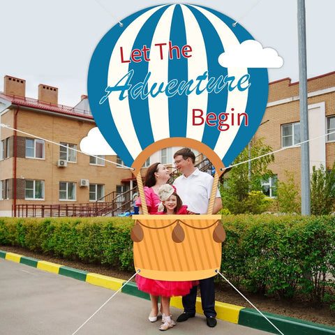 Family posing with Epic 78 Inch Hot Air Balloon Photo Booth Frame Travel Theme Selfie Prop Great For Kids Birthday Parties