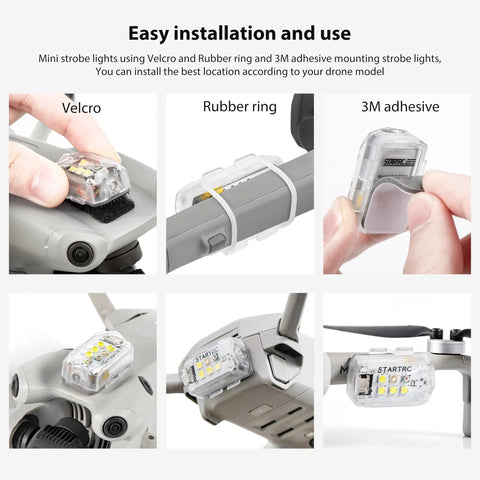 Rechargeable Drone Strobe Light LED Lamp For Night Flights FAA Ready Beacon attached with Velcro, rubber ring, and 3M adhesive