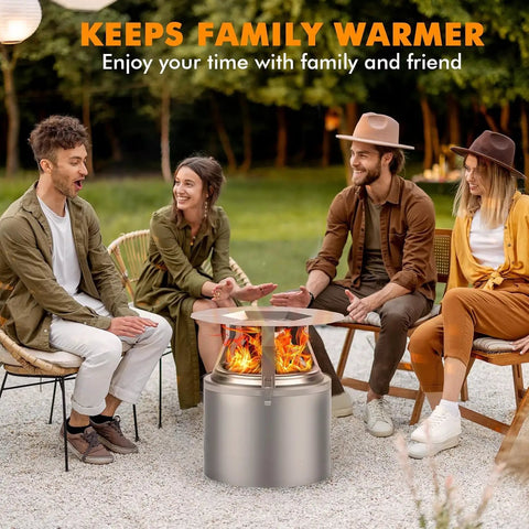 Group sitting around fire pit with Heat Deflector For Fire Pit That Keeps Heat On The Ground, Compatible With Solo Stove Bonfire.