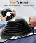 Heavy Duty EPDM Flexible Roof Vent Flashing Boots Kit Zero Hassle Seal For Pipes Quarter To Five Inches installation process showing sealing on corrugated roof