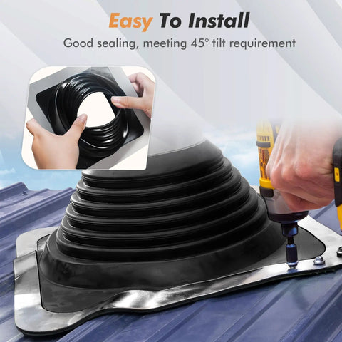 Heavy Duty EPDM Flexible Roof Vent Flashing Boots Kit Zero Hassle Seal For Pipes Quarter To Five Inches installation process showing sealing on corrugated roof