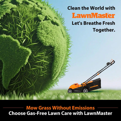 Brushless Cordless Lawn Mower With 48V Max Power 15 Inch Deck 2x24V 4Ah Batteries Dual Charger Lightweight Yard Tool beside green globe