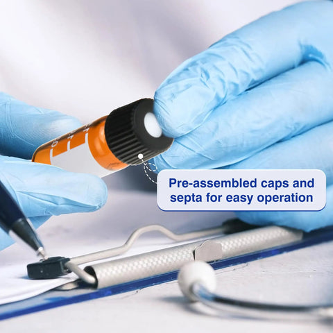 Solid Build 8Mm Screw Thread Hplc Vial Caps With Red Ptfec White Silicone Septa Deliver A No Hassle Leakproof Seal For 1 5 To 2 Ml Glass Autosampler Vials 100 Count Ready To Roll, pre-assembled septum cap being used.