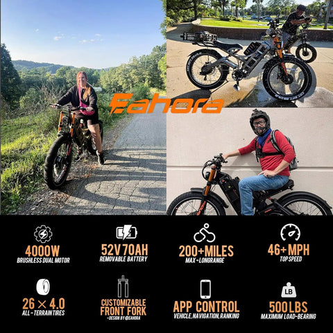 Heavy Duty Full Suspension Electric Bike With Four Thousand Watts Dual Motors And Massive Fifty Two Volt Battery in outdoor settings.