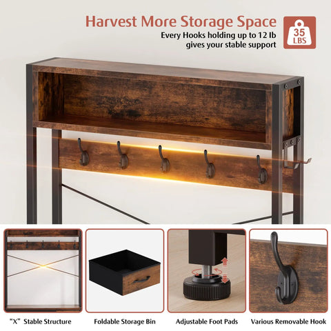 Close-up of Rustic Brown Hall Tree with hooks, storage bin, adjustable foot pads, and removable hooks.