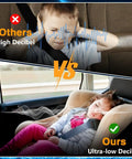 Comparison of vehicle noise levels showing a child covering ears in high decibel car, and a child sleeping in ultra-low decibel car seat.