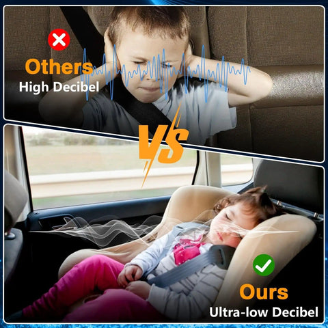 Comparison of vehicle noise levels showing a child covering ears in high decibel car, and a child sleeping in ultra-low decibel car seat.