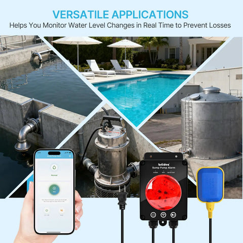 Smart WiFi Sump Pump Alarm With Real Time App Alerts, Indoor Outdoor Water Level Monitor, IP67 Waterproof, 110dB Alarm And LED Indicator, GeniLife App Notifications, Ideal For Basements And Septic Sump Systems; app screen and sensors