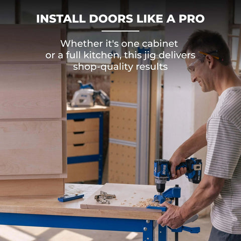 Man using a hand drill with a concealed hinge jig for 35mm cup holes, adjustable cabinet door installation tool with four-cutter carbide bit and stop collar on a workbench, Kreg.