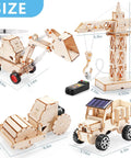 4 In 1 Wood Building STEM Kit For Kids 8 To 12 With Tower Crane Hydraulic Loader Solar Powered Truck And Road Roller components