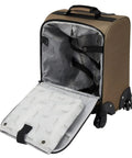Interior view of Underseat 17 Inch Spinner Carry On Luggage With USB Charging Port For Air Travel Mocha Color 4 Wheel Spinner Fits Under Most Airline Seats Meets Carry On Regulations Power Bank Not Included Durable Lightweight Design Go-To Travel Essential, showing compartments and straps.