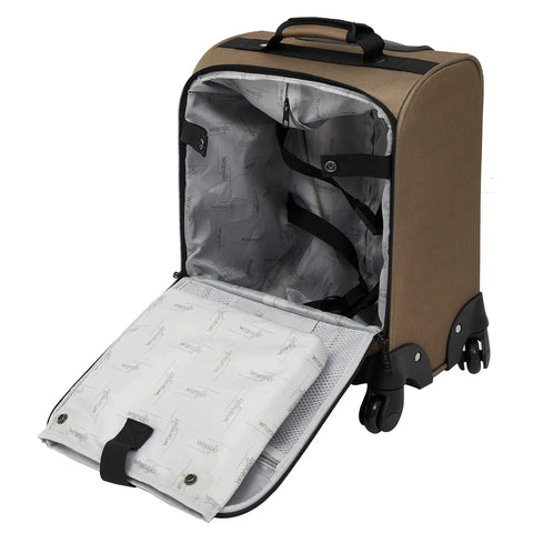 Interior view of Underseat 17 Inch Spinner Carry On Luggage With USB Charging Port For Air Travel Mocha Color 4 Wheel Spinner Fits Under Most Airline Seats Meets Carry On Regulations Power Bank Not Included Durable Lightweight Design Go-To Travel Essential, showing compartments and straps.