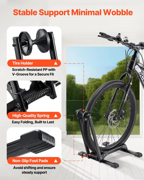 Close-up of a Two Pack Bike Floor Stands For 20 To 27 Inch Mountain And Road Bikes Rust Resistant Alloy Steel Folding Bike Storage Rack highlighting stability features