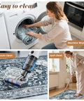 Woman placing blue chenille carpet in washing machine, vacuuming, and using mop on the No Slip Office Chair Mat For Hardwood And Tile Floors 36 By 48 Inches Under Desk Carpet Protector For Rolling Computer Chairs Wheels Quiet Rolling And Floor Protection Machine Washable Chenille Blue.