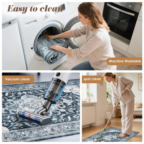 Woman placing blue chenille carpet in washing machine, vacuuming, and using mop on the No Slip Office Chair Mat For Hardwood And Tile Floors 36 By 48 Inches Under Desk Carpet Protector For Rolling Computer Chairs Wheels Quiet Rolling And Floor Protection Machine Washable Chenille Blue.