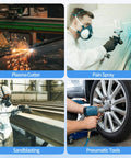 Four images showing plasma cutting, spray painting, sandblasting, and pneumatic tools, ideal for 1/2 Inch NPT Four Stage Air Drying System use.