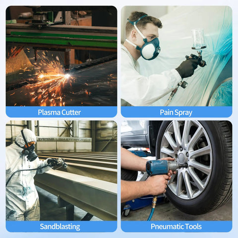 Four images showing plasma cutting, spray painting, sandblasting, and pneumatic tools, ideal for 1/2 Inch NPT Four Stage Air Drying System use.