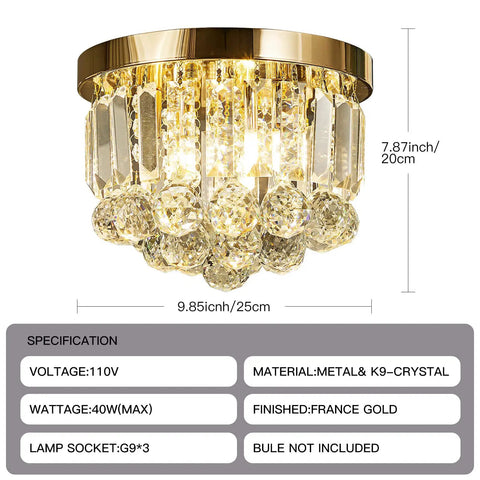 Gold Round Crystal Chandelier Ceiling Light With G9 Mount, 3 Light Pendant, Modern Glam Fixture For Living Room Dining Hallway, Sparkling Crystal Orbs And Triangle Accents, 9.85 Inch Diameter, Easy Mount, Lux Look
