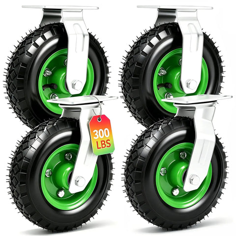 8 Inch Pneumatic Plate Caster Set Featuring Air Filled Rubber Tires And Galvanized Steel Plates Two Swivel And Two Rigid Units, 300 lbs capacity.