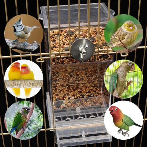 Two Pack Automatic No Mess Bird Cage Feeder Set With Clear Acrylic Food Tray And Blue Water Dispenser For Parrots showcasing bird feeder with seeds.