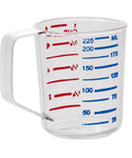 Front view of Bouncer Clear Measuring Cup One Cup And Quarter For Wet Or Dry Ingredients Durable Polycarbonate Crystal Clear Readings Dishwasher Safe High Temperature Ideal For Home And Pro Kitchens with red and blue measurements.