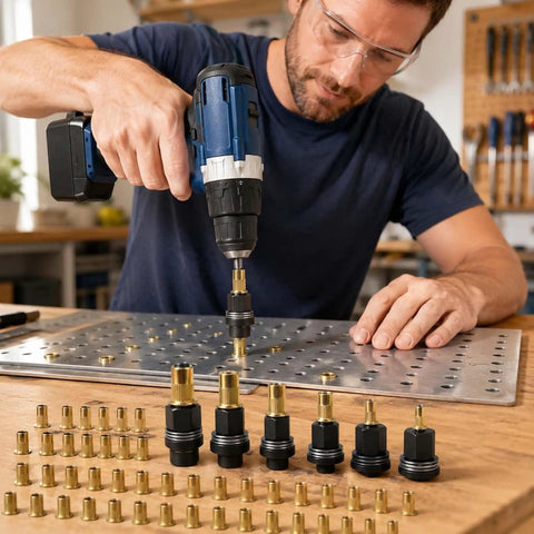 Six Size Rivet Nut Tool Kit With Manual Rivet Gun Heads M3 To M10 Includes Sixty Rivet Nuts For Panels Brackets And Metal Sheets A Handy All In One Fastening Kit For DIY Auto And Workshop. man installing rivet nut in metal sheet