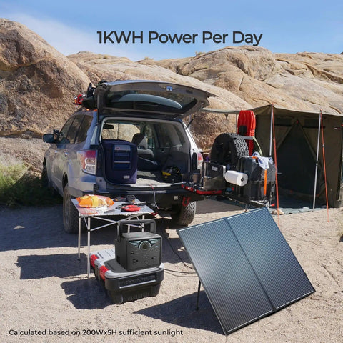 200W Portable Solar Panel Suitcase With Waterproof 20A Charge Controller Foldable Panel And Adjustable Kickstand For On The Go Power Stations RVs Camping And Off Grid Use in campsite setup next to SUV and tent.