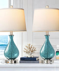 Cool Blue Ice Crackle Glass Table Lamps Set Of 2 22.5 Inch LED Lights With Touch Control And 3 Way Dimming White Fabric Shade
