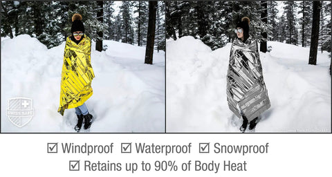Person using Emergency Mylar Blanket Pack 25 Silver Space Blankets Grab And Go Compact Dual Sided Reflective in snow
