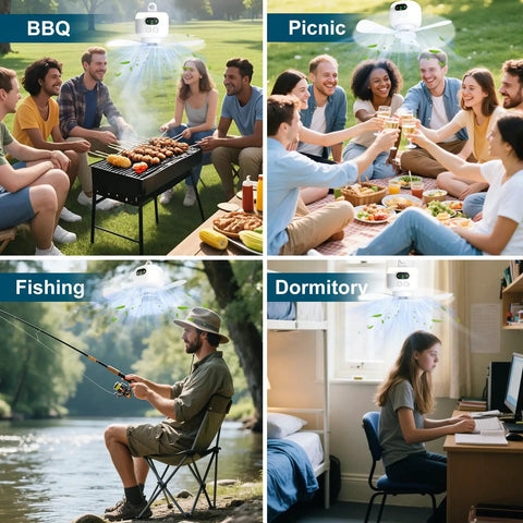 Portable Camping Ceiling Fan With Light And 8000mAh Rechargeable Battery used at BBQ, picnic, fishing, dormitory