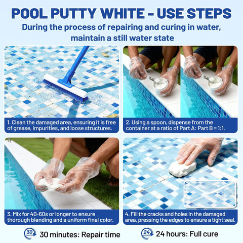 Heavy Duty Two Part Epoxy Pool Putty For Swimming Pool Leaks And Cracks Waterproof Sealant Fast Curing Leak Fix Paste Smooth Texture application steps