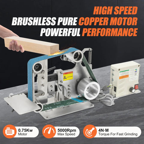Kickass 2X36 Inch Desktop Belt Grinder And Sander Featuring Infinite Variable Speed For Knife Making Packed With Tough 60 And 800 Grit Sanding Belts For Slick 110V Shop Work And Precision Metal Shaping in use with wood