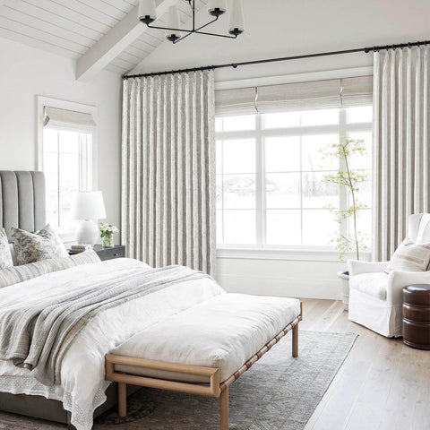 Bedroom with Extra Wide Blackout Linen Drapery Panel With Hooks, Pinch Pleat Curtains For Patio Sliding Doors And Large Windows