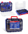 WORKPRO 455-piece drill and screwdriver bit set with titanium twist bits in blue storage case.